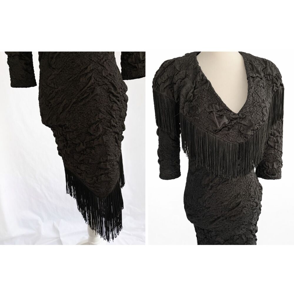 🖤 Weekend Textured Fringe Dress – Vintage Statement Piece – Size 5/6 Stretchy